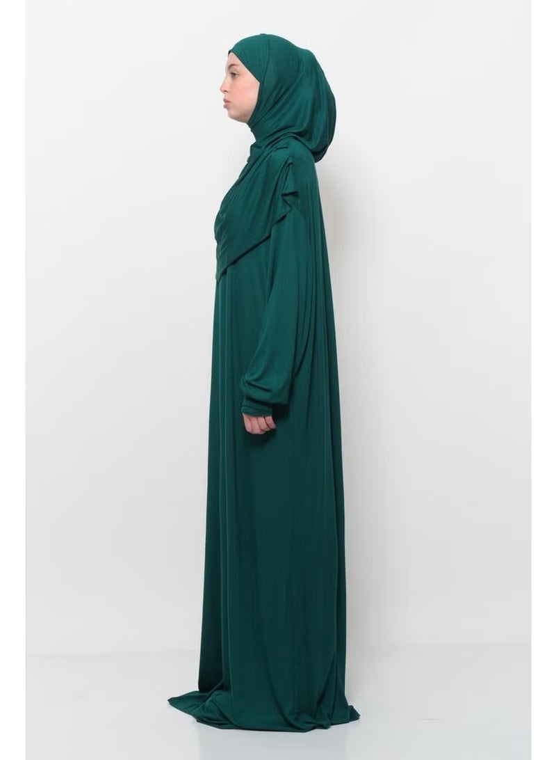 Altobeh Practical One Piece Cotton Bat Sleeves Removable Organic Hijab Prayer Dress with Headscarf - Green - Image 4